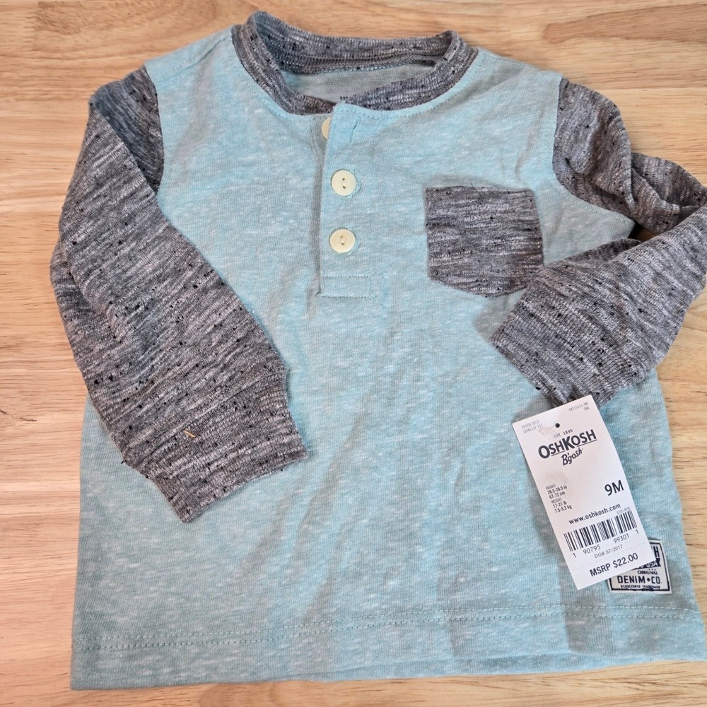 OshKosh Bgosh Baby Boys Blue Grey Henley Long Sleeve Shirt 9M NWT 125B1112